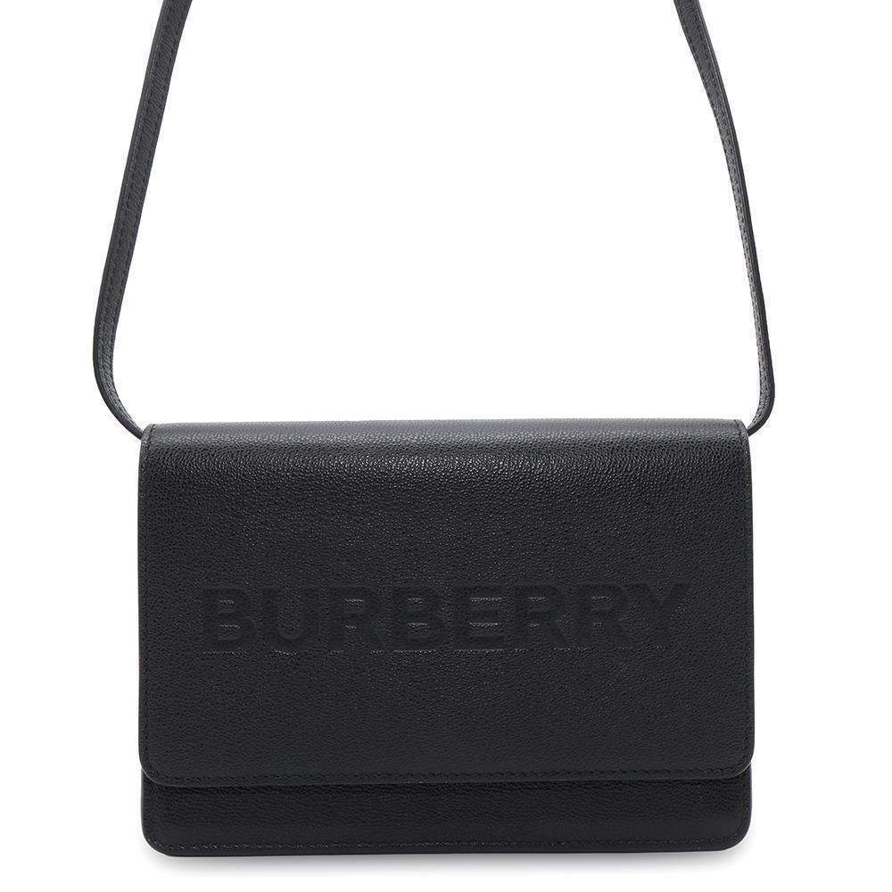Burberry Shoulder Bag Hampshire Embossed Logo Leather Black